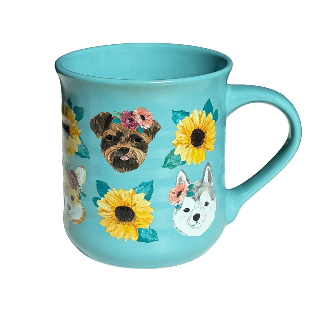 Dogs Sunflower 8 Different Dog Faces Blue Mug Coffee Cup 2023 Clementine 16 oz